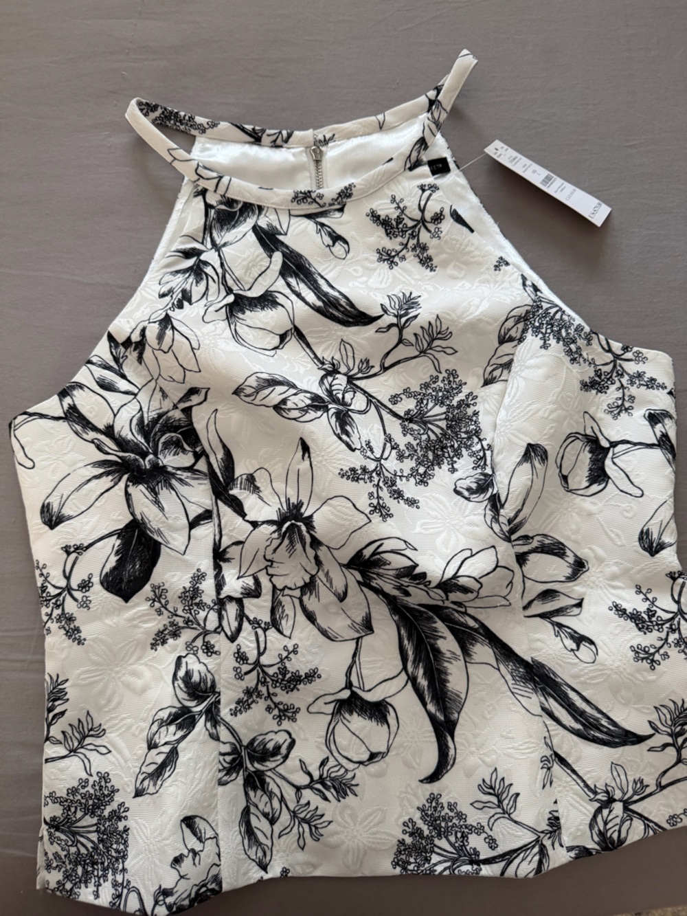 White House Black Market White and Black Floral Jacquard Halter Top